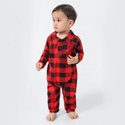 Baby Plaid Collared Neck Long Sleeve Jumpsuit